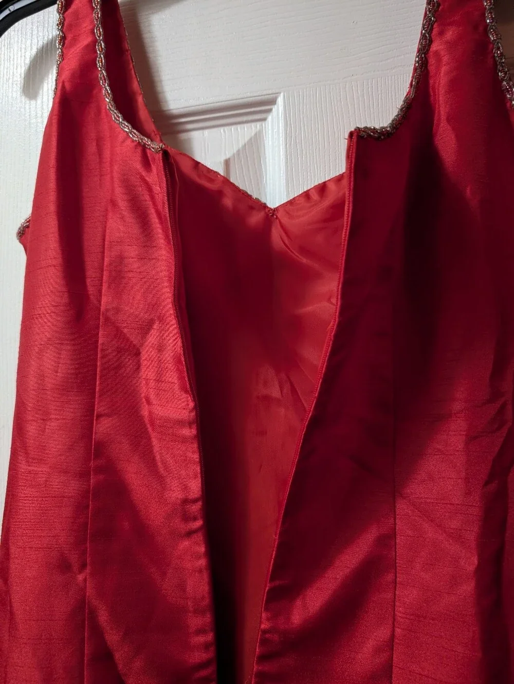 Vintage Red Satin-Like Formal Evening Gown Maxi Dress Beaded Trim Sleeveless - Picture 7 of 7
